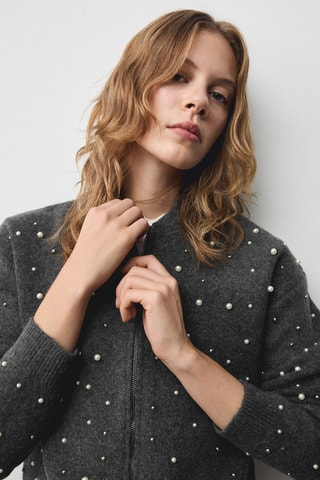 Blouson maille détail perles - Gris clair chiné