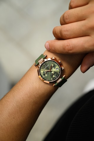 Montre à quartz en cuir Dress Code - Chronographe - Vert foncé et doré rose 