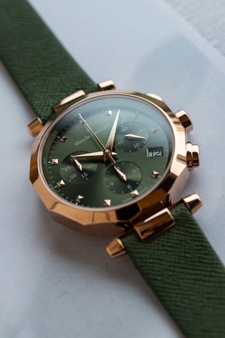 Montre à quartz en cuir Dress Code - Chronographe - Vert foncé et doré rose 