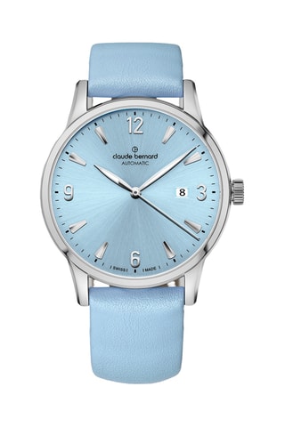 Montre automatique en cuir Classique - Bleu clair et argenté