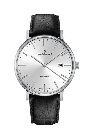 Montre automatique en cuir Slim Line - Noir et argenté