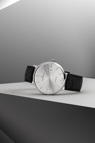Montre automatique en cuir Slim Line - Noir et argenté