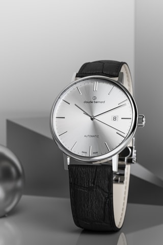 Montre automatique en cuir Slim Line - Noir et argenté