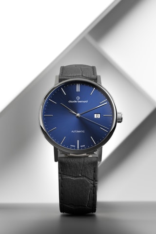 Montre automatique en cuir Slim Line - Noir et bleu foncé