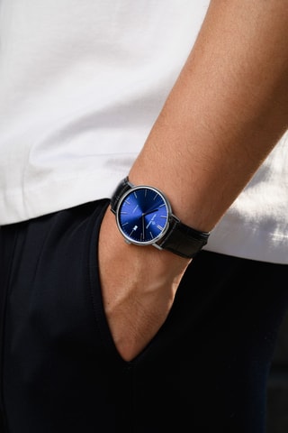 Montre automatique en cuir Slim Line - Noir et bleu foncé
