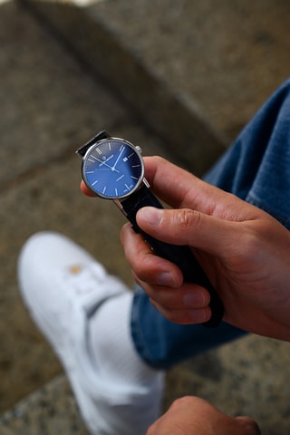 Montre automatique en cuir Slim Line - Noir et bleu foncé