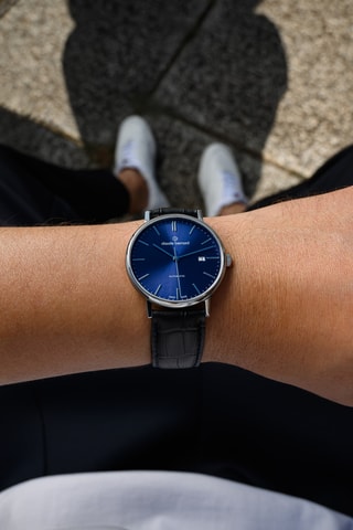 Montre automatique en cuir Slim Line - Noir et bleu foncé