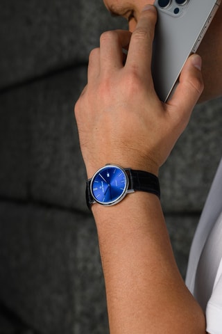 Montre automatique en cuir Slim Line - Noir et bleu foncé