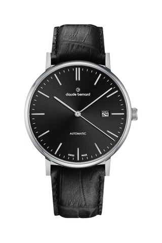Montre automatique en cuir Slim Line - Noir et argenté