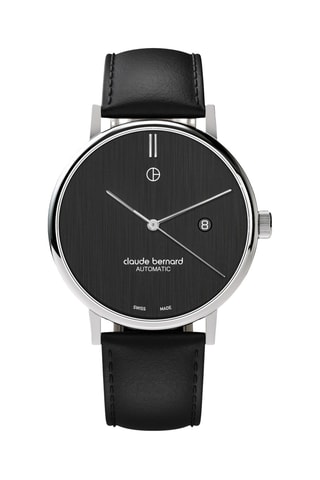 Montre automatique en cuir Slim Line - Noir et argenté