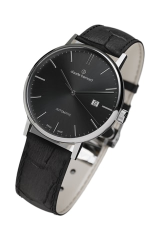 Montre automatique en cuir Slim Line - Noir et argenté