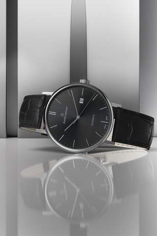 Montre automatique en cuir Slim Line - Noir et argenté