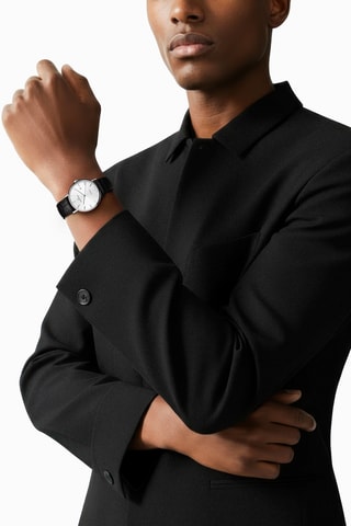 Montre automatique en cuir Slim Line - Noir et argenté