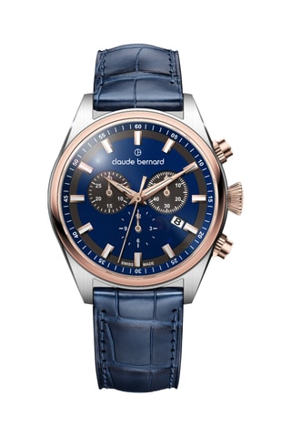 Montre à quartz en cuir Proud Heritage - Chronographe - Bleu foncé et doré rose