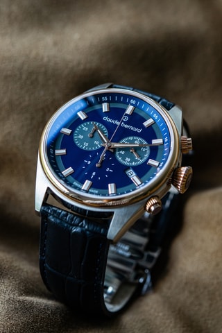 Montre à quartz en cuir Proud Heritage - Chronographe - Bleu foncé et doré rose