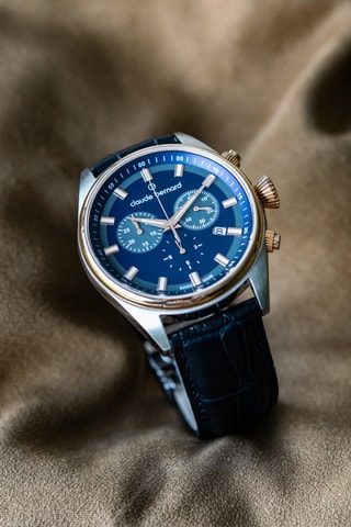 Montre à quartz en cuir Proud Heritage - Chronographe - Bleu foncé et doré rose