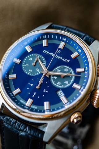 Montre à quartz en cuir Proud Heritage - Chronographe - Bleu foncé et doré rose