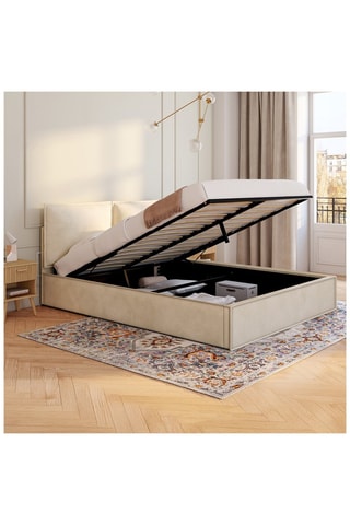 Lit coffre Lilou en velours beige avec sommier et tête de lit oreillers 160x200cm