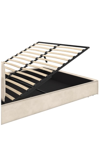 Lit coffre Lilou en velours beige avec sommier et tête de lit oreillers 160x200cm