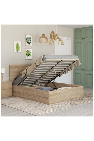 Lit coffre Sicilia avec sommier et tête de lit effet bois 140x190cm