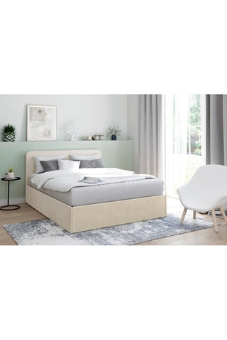 Lit coffre Louise en velours beige avec sommier et tête de lit arrondie 140x190cm