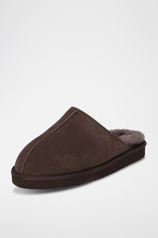 Pantoufles fourrées en cuir de mouton nubuck - Marron