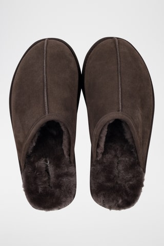 Pantoufles fourrées en cuir de mouton nubuck - Marron
