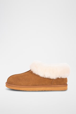 Pantoufles fourrées en cuir de mouton nubuck - Marron