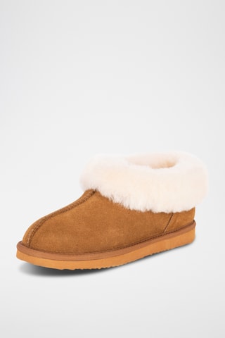Pantoufles fourrées en cuir de mouton nubuck - Marron