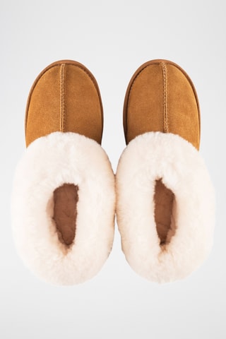Pantoufles fourrées en cuir de mouton nubuck - Marron