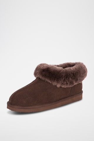 Pantoufles fourrées en cuir de mouton nubuck - Marron
