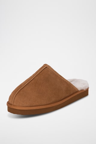 Pantoufles fourrées en cuir de mouton nubuck - Camel