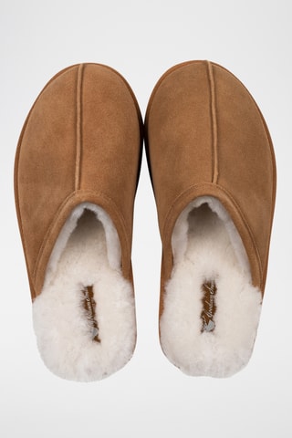 Pantoufles fourrées en cuir de mouton nubuck - Camel