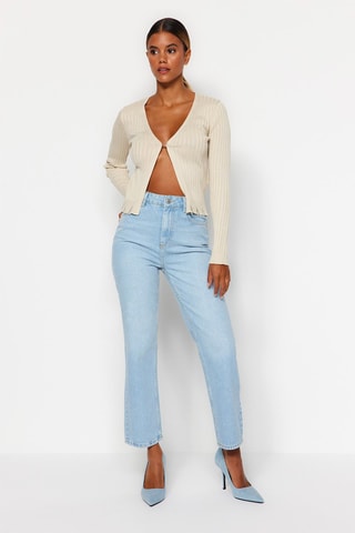 Calças de ganga direitas de cintura alta - Azul