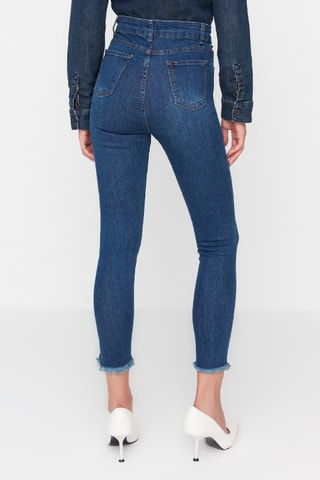 Calças de ganga skinny 7/8 de cintura alta - Azul-médio