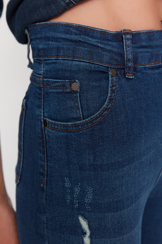 Calças de ganga skinny 7/8 de cintura alta - Azul-médio