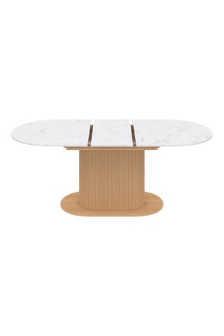 Mesa de refeição extensível Maria efeito mármore branco e pés ripas 160-200cm
