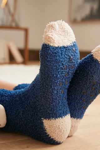 Chaussettes antidérapantes Pattes de velours - Bleu marine et écru