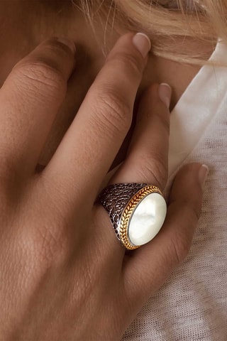 Ring - Zilverkleurig Brons, Verguld Brons en Parelmoer