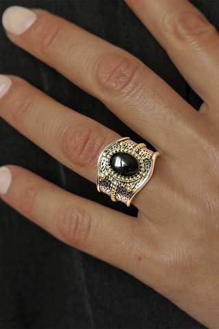 Ring - Zilverkleurig Brons, Zwart Brons, Verguld Brons en Onyx