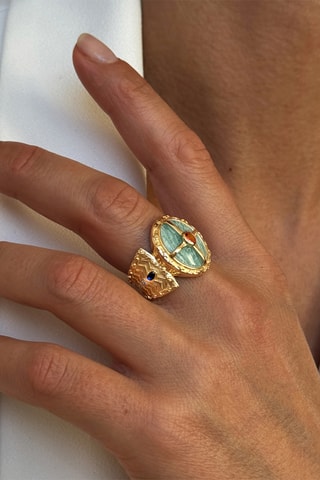 Ring - Zilverkleurig Brons, Verguld Brons, Amazoniet en Zirkonia’s