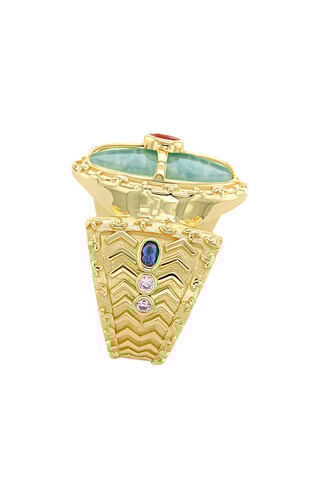 Ring - Zilverkleurig Brons, Verguld Brons, Amazoniet en Zirkonia’s