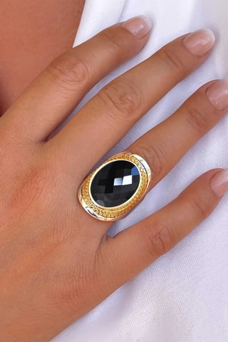 Ring - Zilverkleurig Brons, Verguld Brons en Onyx