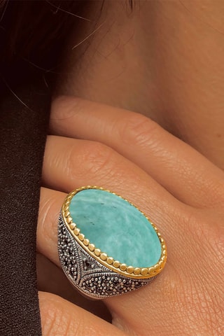 Ring - Zilverkleurig Brons, Verguld Brons en Amazoniet