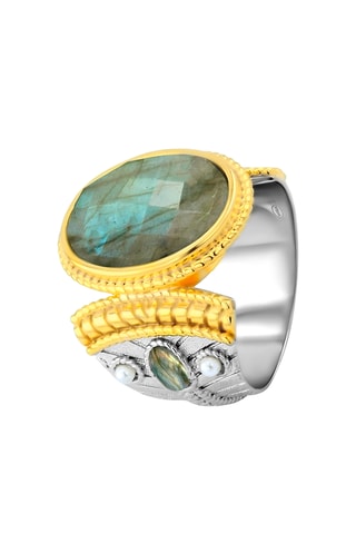 Ring - Zilverkleurig Brons, Verguld Brons en Labradoriet