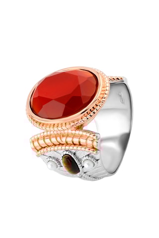 Ring - Zilverkleurig Brons, Verguld Brons met Roségoud, Tijgerogen en Cultivéparels