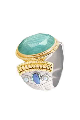 Ring - Zilverkleurig Brons, Verguld Brons en Amazoniet