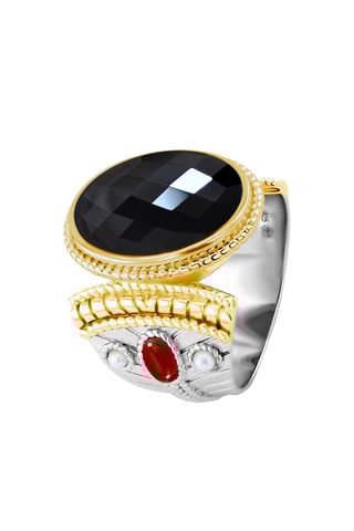 Ring - Zilverkleurig Brons, Verguld Brons met Geelgoud, Onyx en Cultivéparels