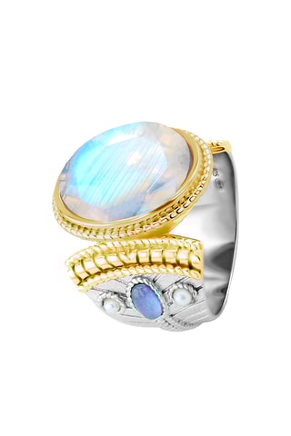 Ring - Zilverkleurig Brons, Verguld Brons en Maansteen