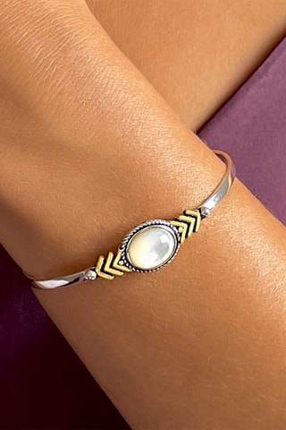 Open Armband - Zilverkleurig Brons, Verguld Brons en Parelmoer